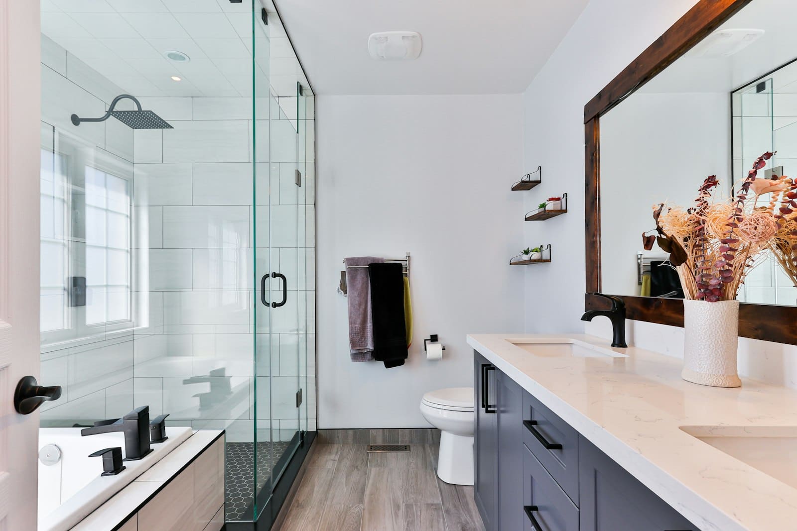 Leave bathroom cleaner to dwell before scrubbing — limescale and soap scum loosen faster.